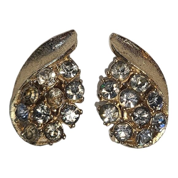 Vintage Mode ART Arthur Pepper Matte Gold Gray Rhinestones Clip on Earrings - Picture 7 of 8
